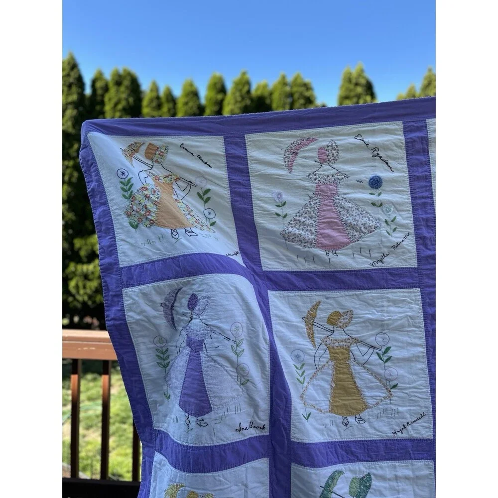 Vintage Handmade embroidered friendship quilt with Sun Bonnet Girls. 77” X 95”